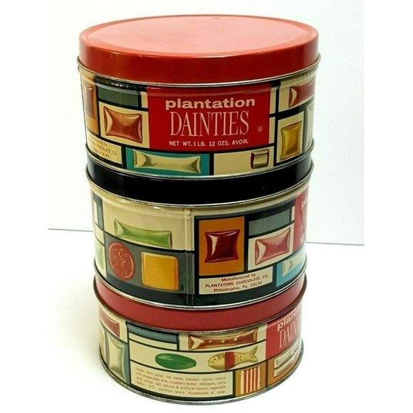 3x Vintage Plantation Dainties Candy Tin Box Philadelphia 34 PA black lid 220lra